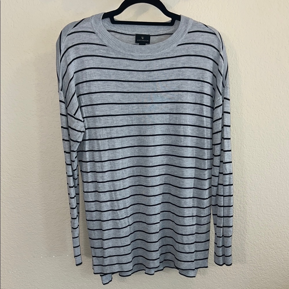 Worthington Gray and Black Striped Long Sleeve Tee